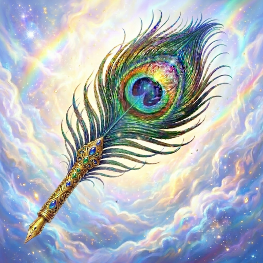 Peacock feather quill and ornate pen on magical parchment in enchanted forest