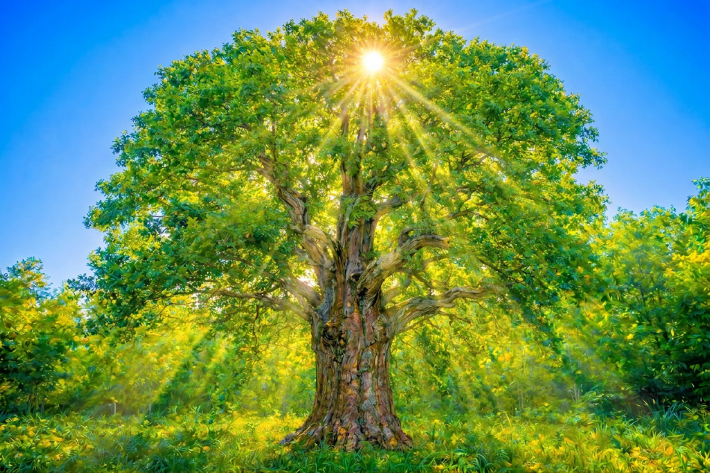 Large oak tree with sun shining through green leaves in a forest clearing